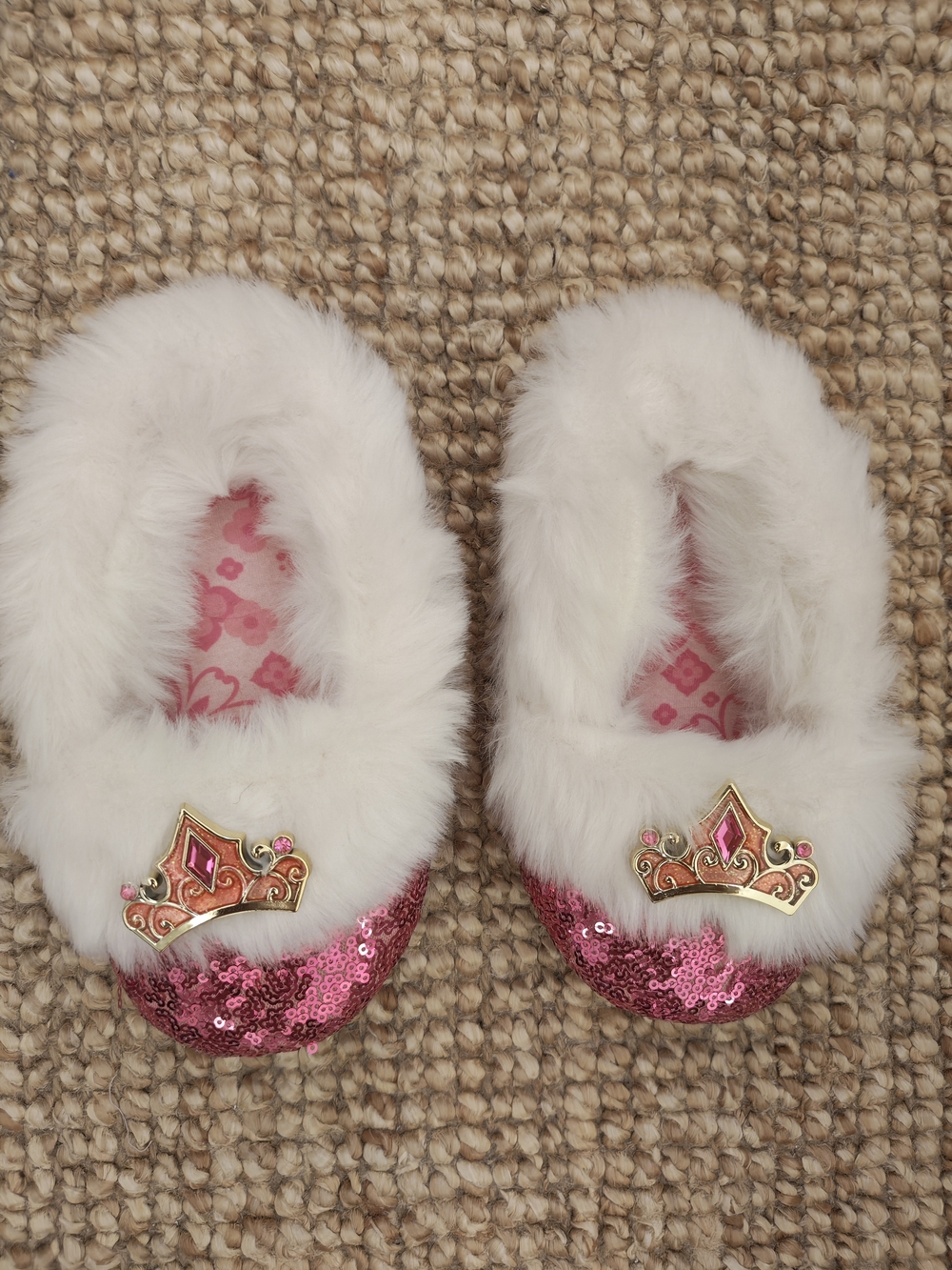 Disney White Faux Fur Pink Sequin Princess Slippers
